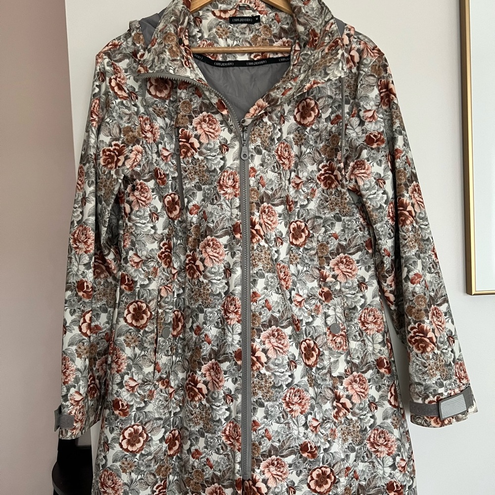 Jensen Gray and Red Trench Coat with Floral Design